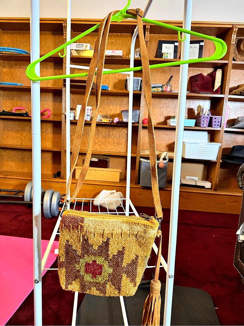 Boho Wool Kilim Crossbody Bag Leather Tassel Southwestern Woven Purse India